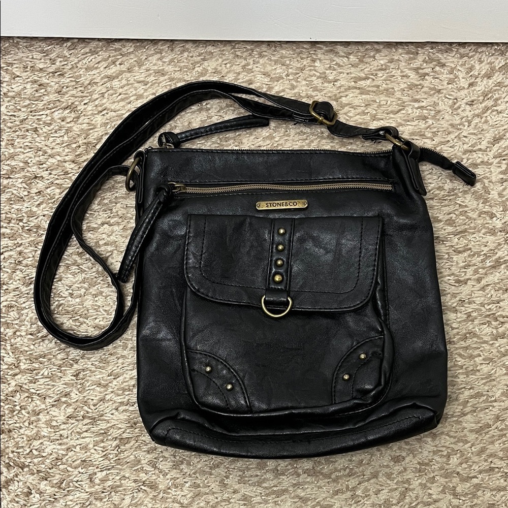 Stone & Co. Black Faux Leather Crossbody Shoulder Bag with Gold Hardware